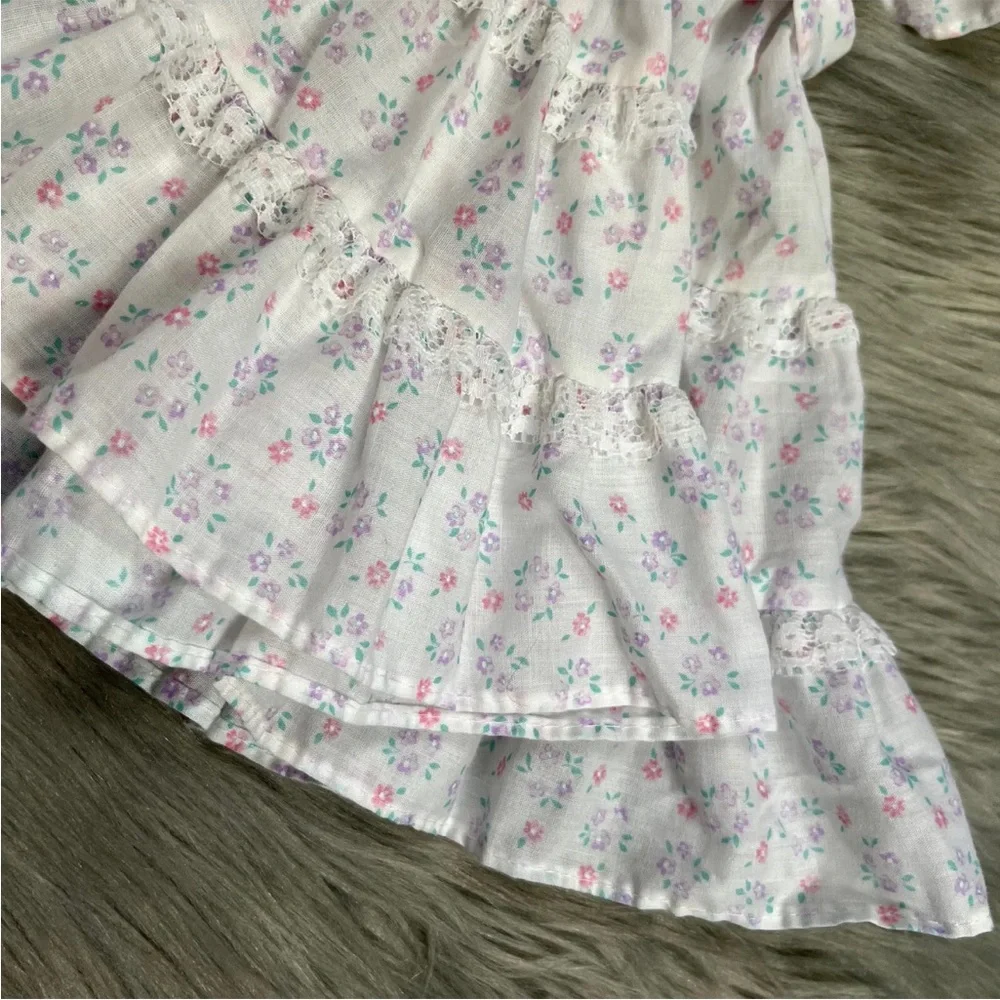 Vintage Polly Flinders White Smocked Floral Ruffle Tie Back Baby Girls Dress